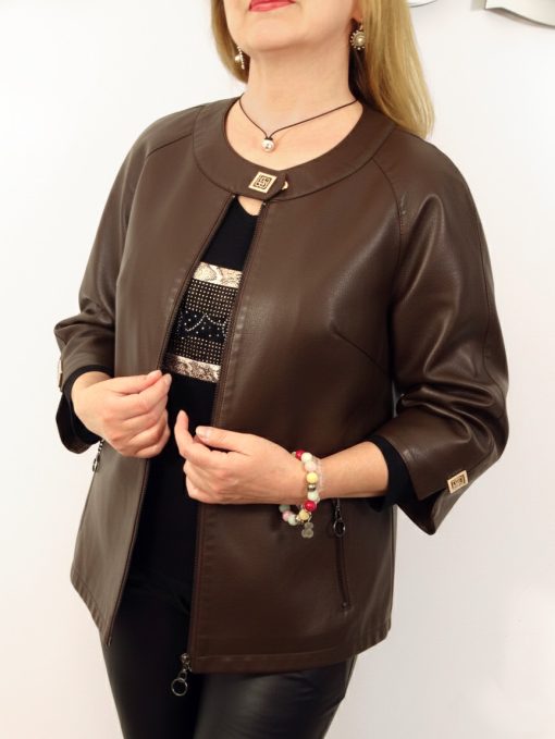 Elegancka Kurtka Ramoneska z Ekoskóry MIRELLA od 42 do 62 czekoladowa