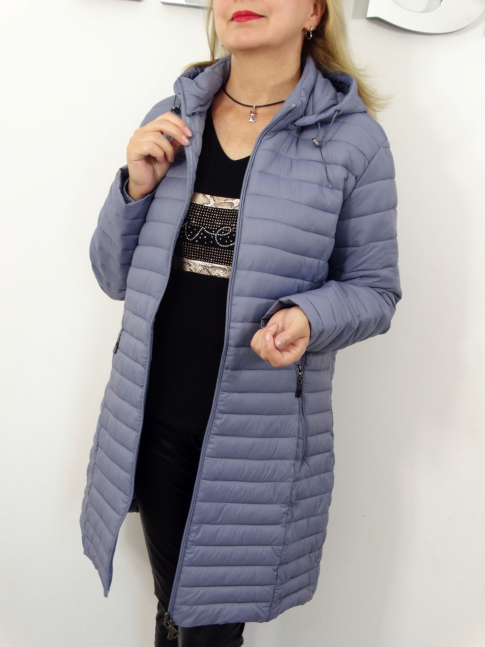 Płaszczyk Damski Jesienny Przejściowy Pikowany MIRANDA rozmiary od 44 do 54 szaro-niebieski