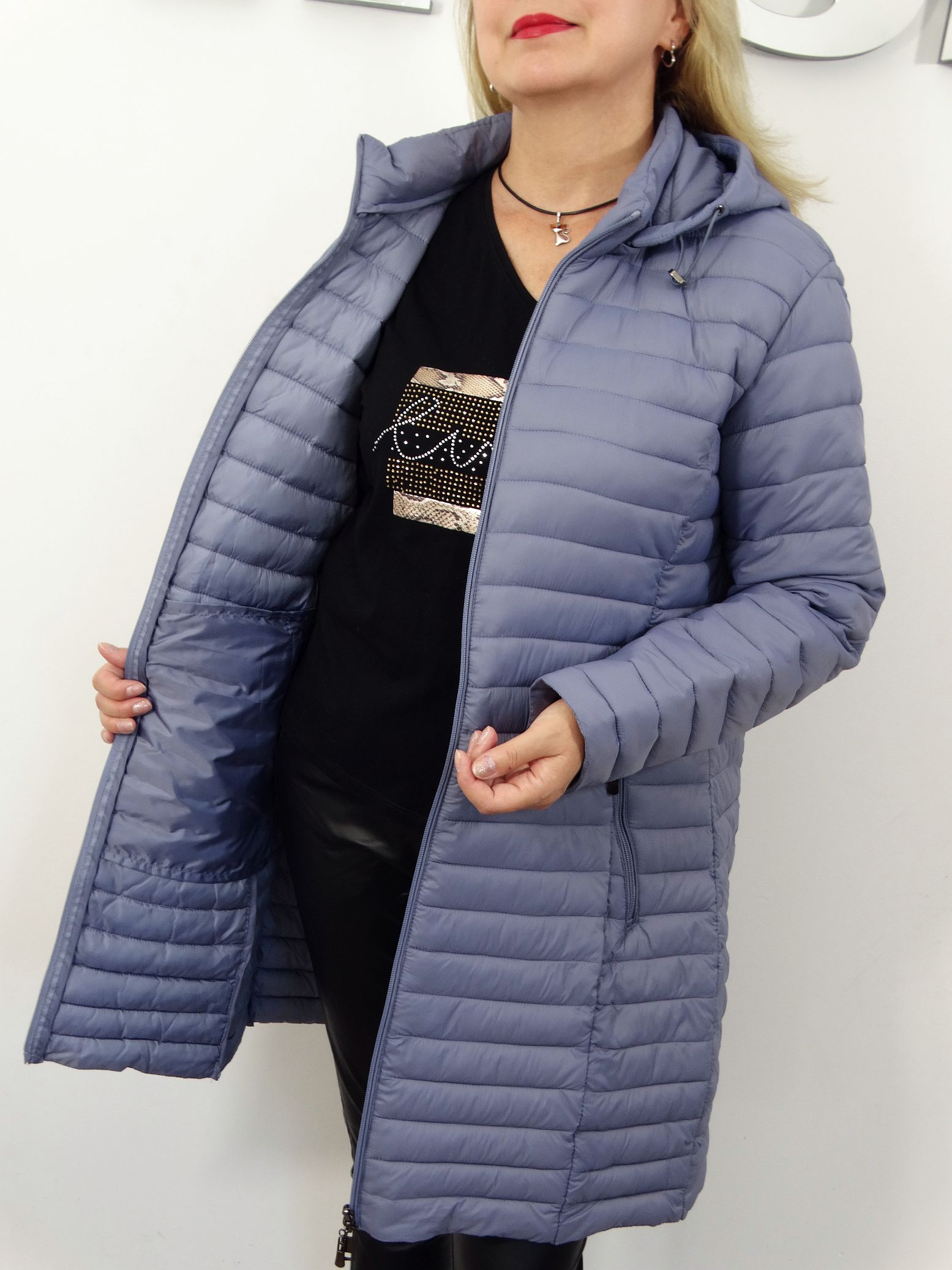 Płaszczyk Damski Jesienny Przejściowy Pikowany MIRANDA rozmiary od 44 do 54 szaro-niebieski - obrazek 7