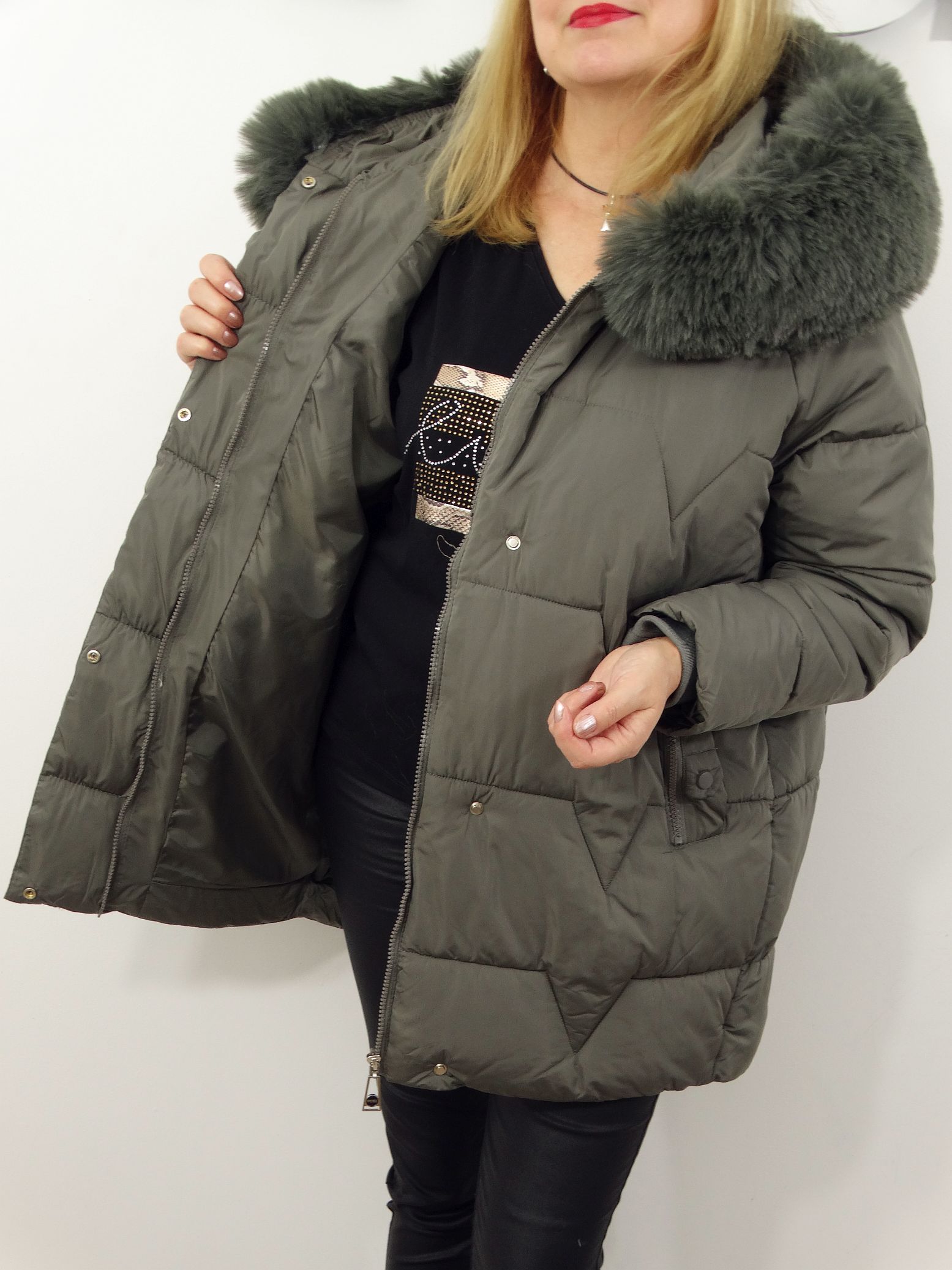 Kurtka Damska Pikowana Zimowa LUMIA od 44 do 54 szaro-zielona - obrazek 8