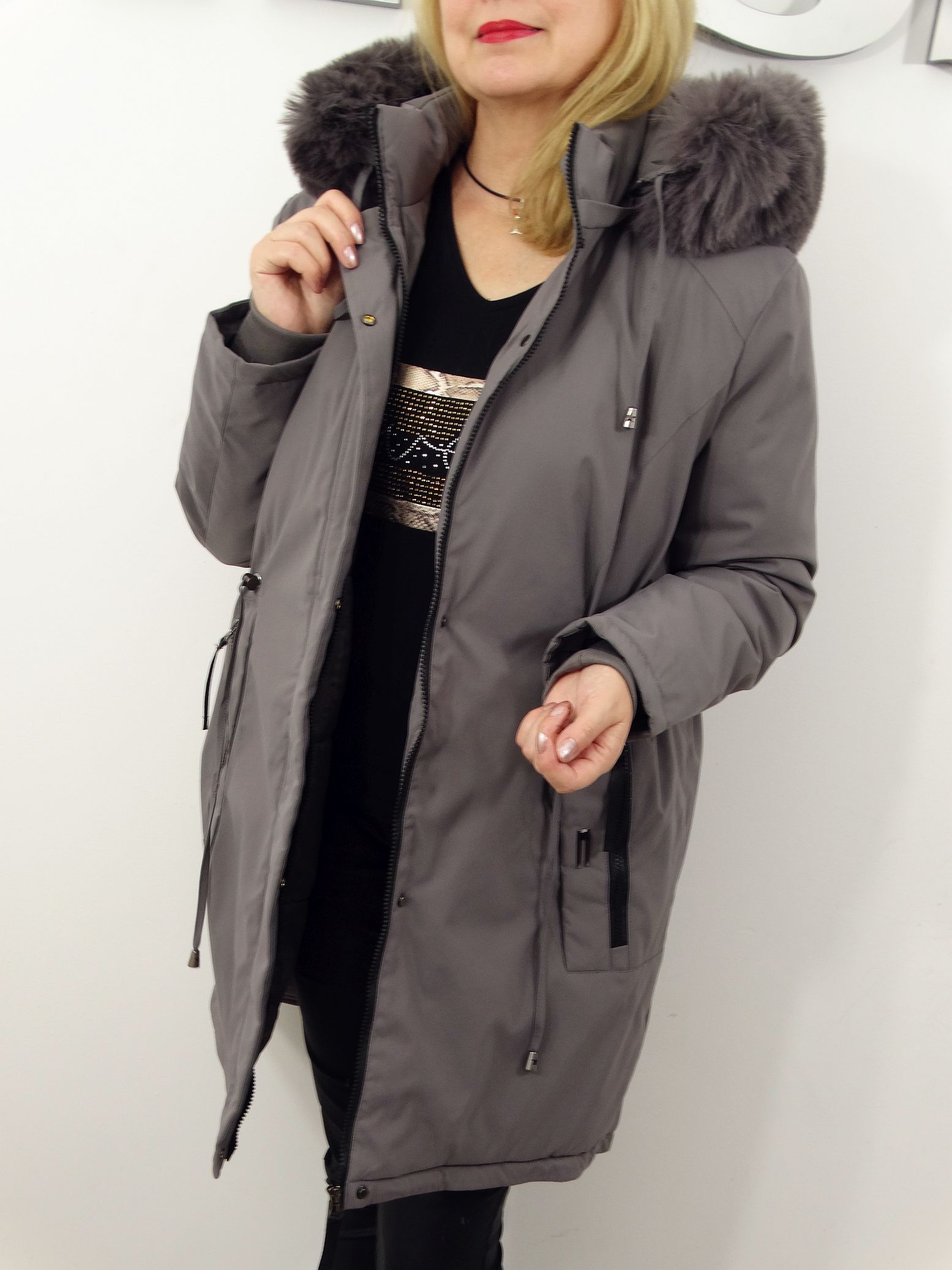 Kurtka Damska Zimowa Parka Ocieplana EMILIA od 44 do 54 szara - obrazek 3