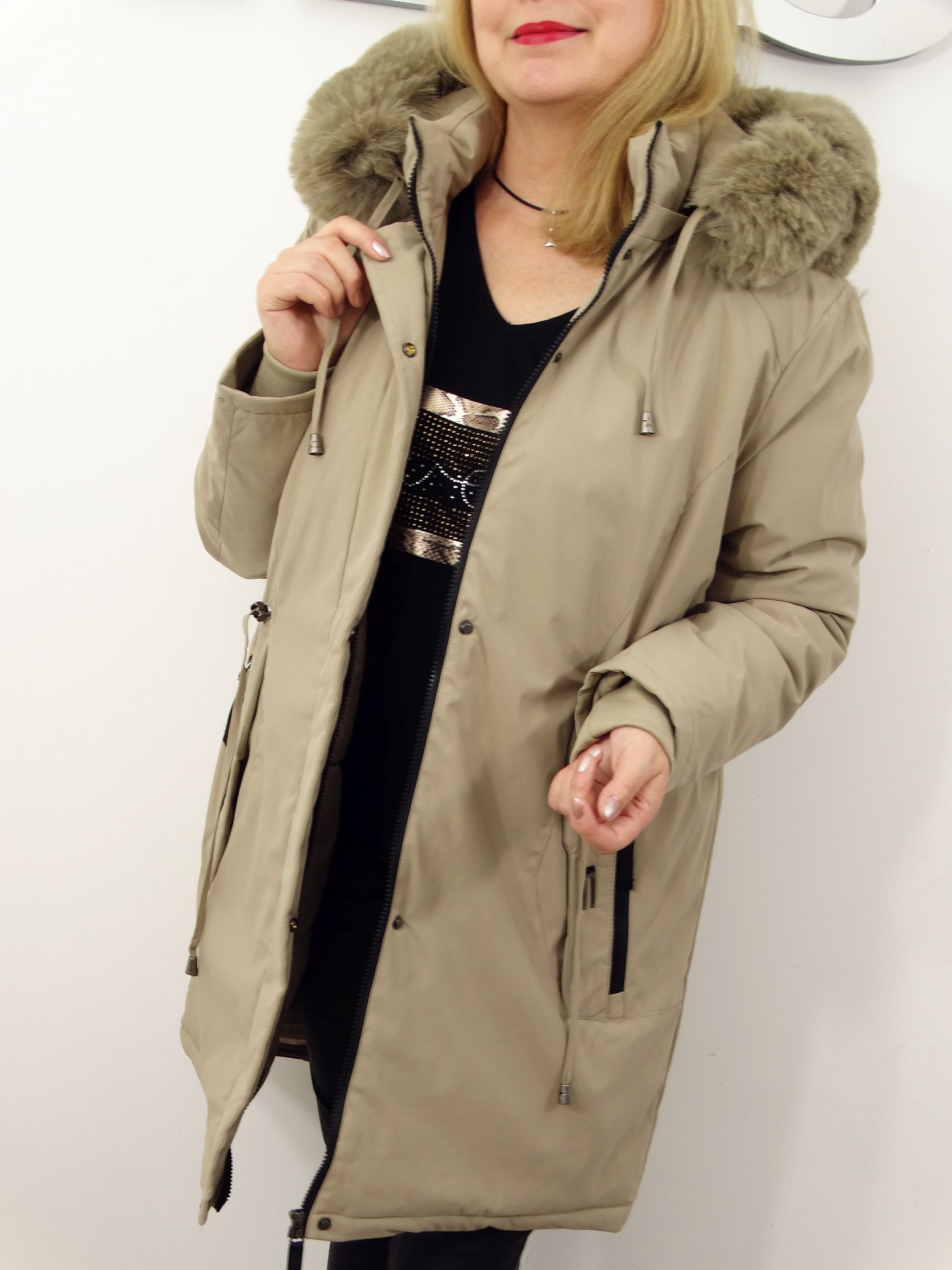 Kurtka Damska Zimowa Parka Ocieplana EMILIA od 44 do 54 beż - obrazek 3