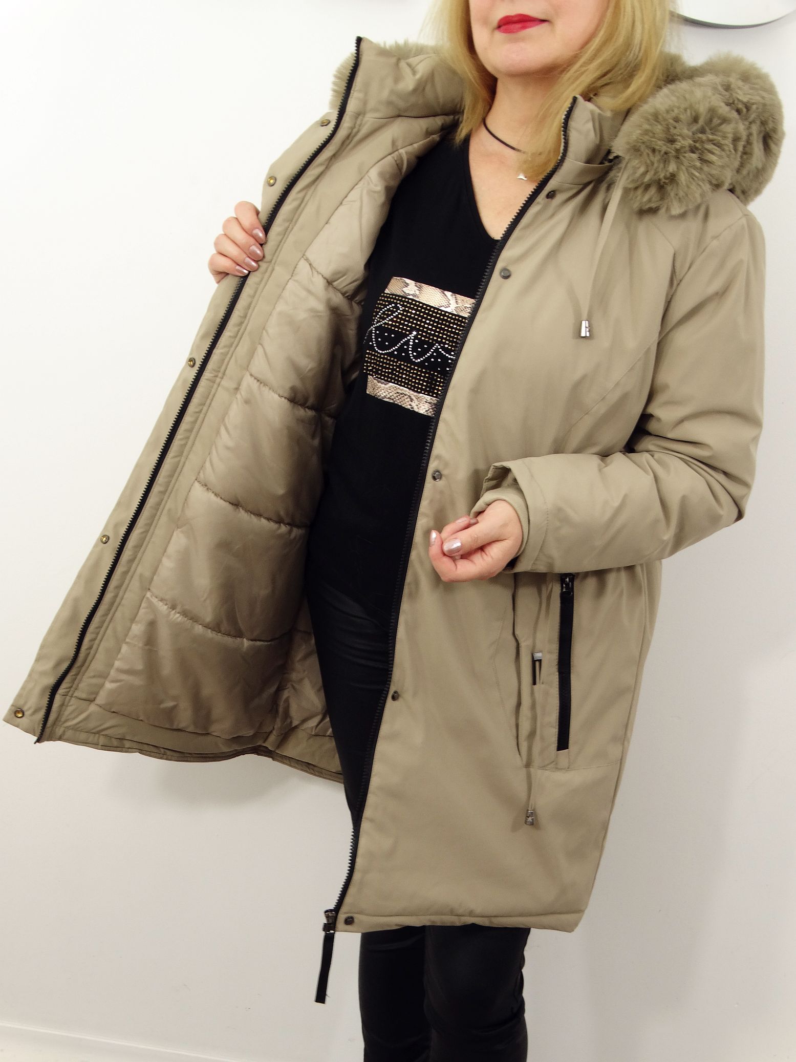 Kurtka Damska Zimowa Parka Ocieplana EMILIA od 44 do 54 beż - obrazek 2