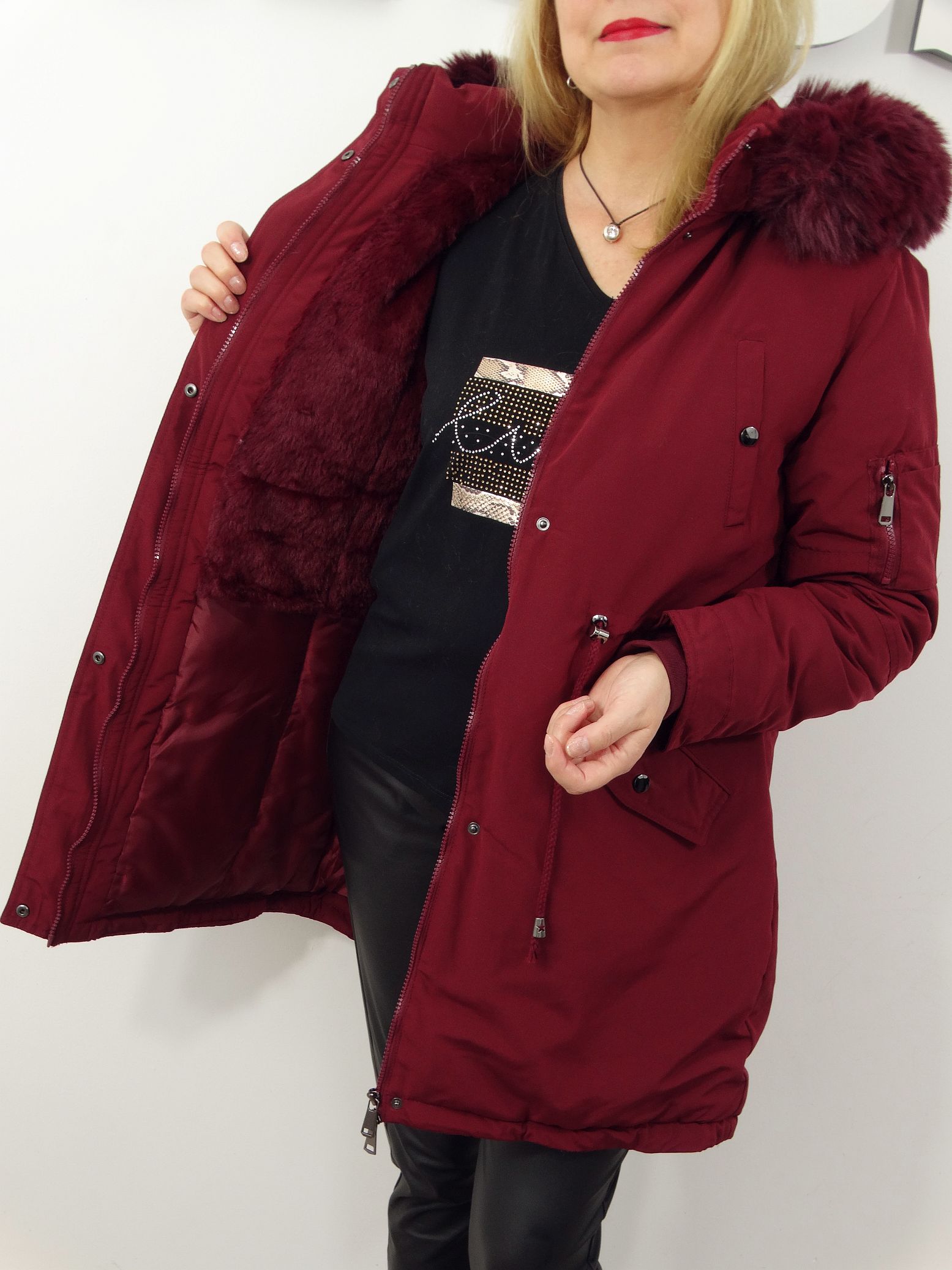 Kurtka Damska Zimowa Parka z Futerkiem FELICIA od 40 do 50 bordo - obrazek 2