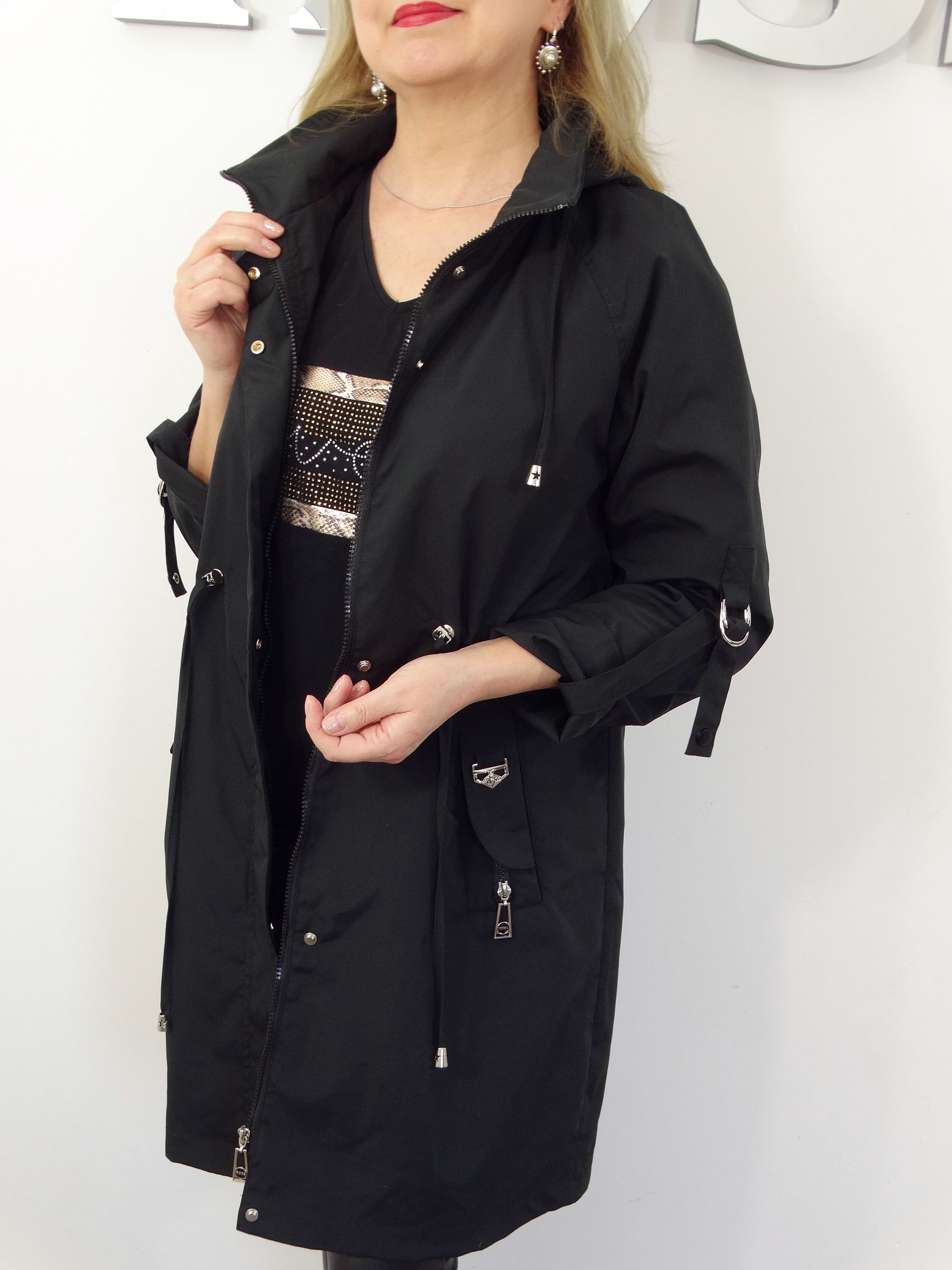 Płaszczyk Damski Wiosenny Parka Wiatrówka LILY od 44 do 54 czarny - obrazek 7