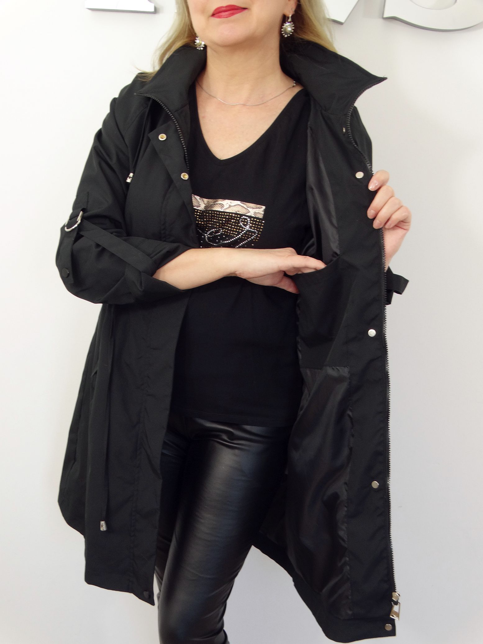 Płaszczyk Damski Wiosenny Parka Wiatrówka LILY od 44 do 54 czarny - obrazek 8