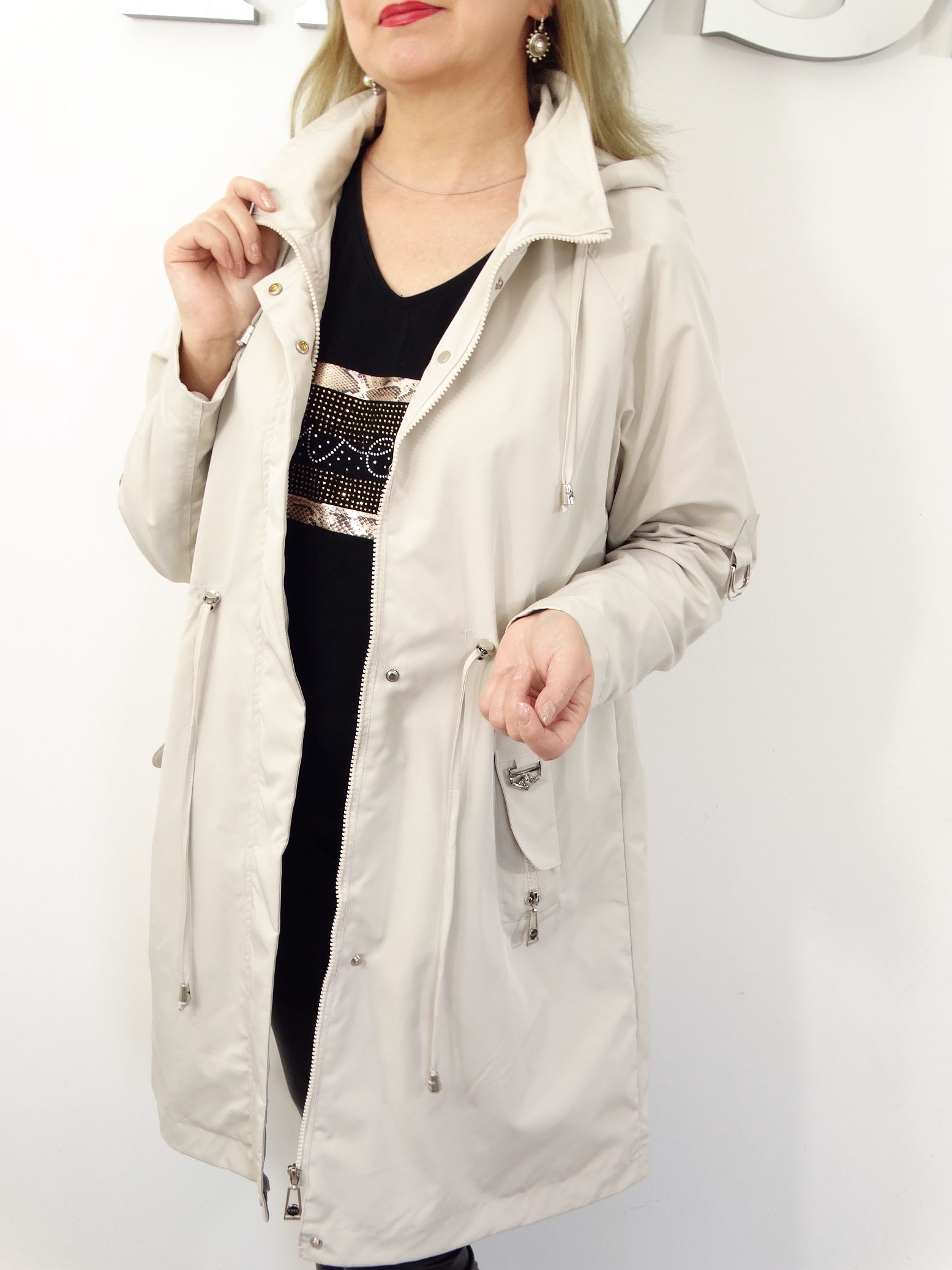 Płaszczyk Damski Wiosenny Parka Wiatrówka LILY od 44 do 54 kremowy - obrazek 3