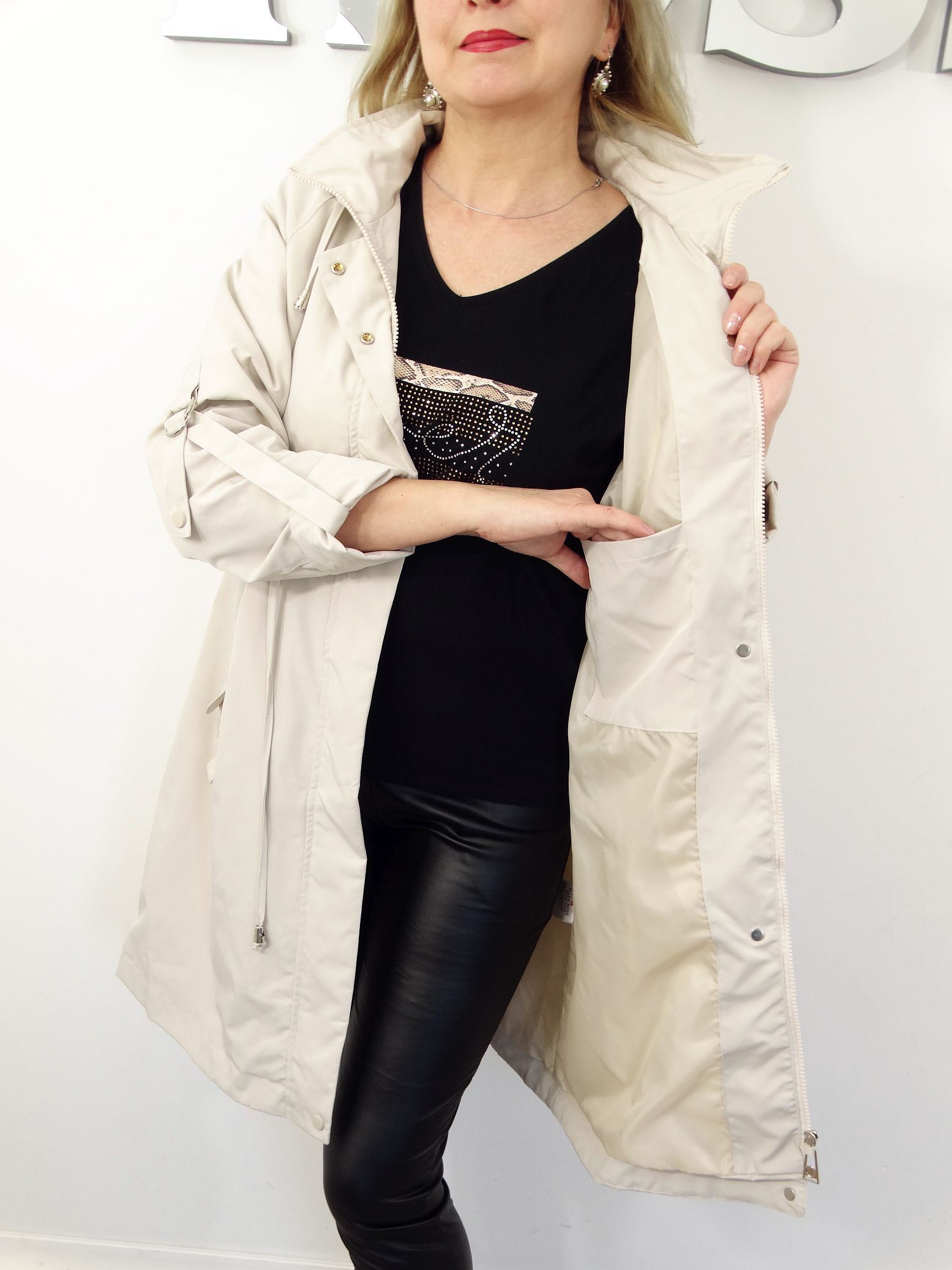 Płaszczyk Damski Wiosenny Parka Wiatrówka LILY od 44 do 54 kremowy - obrazek 8