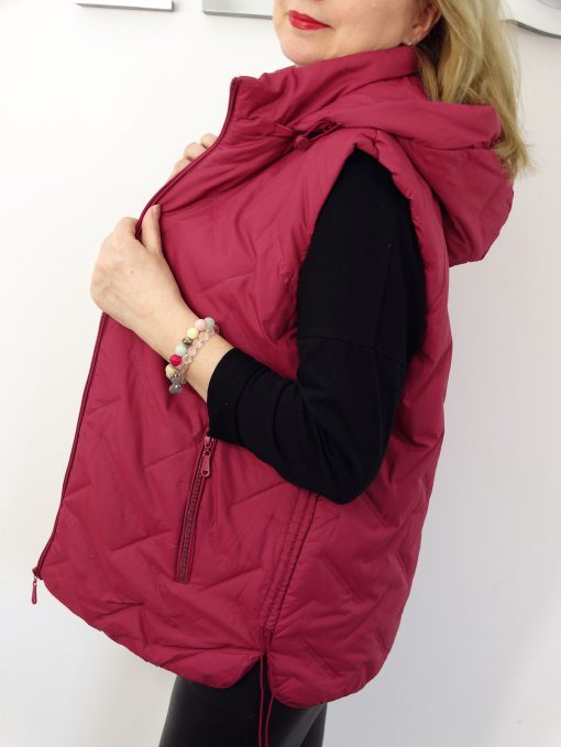 Kamizelka Wiosenna Bezrękawnik z Odpinanym Kapturem ELDA od 44 do 54 czerwone wino